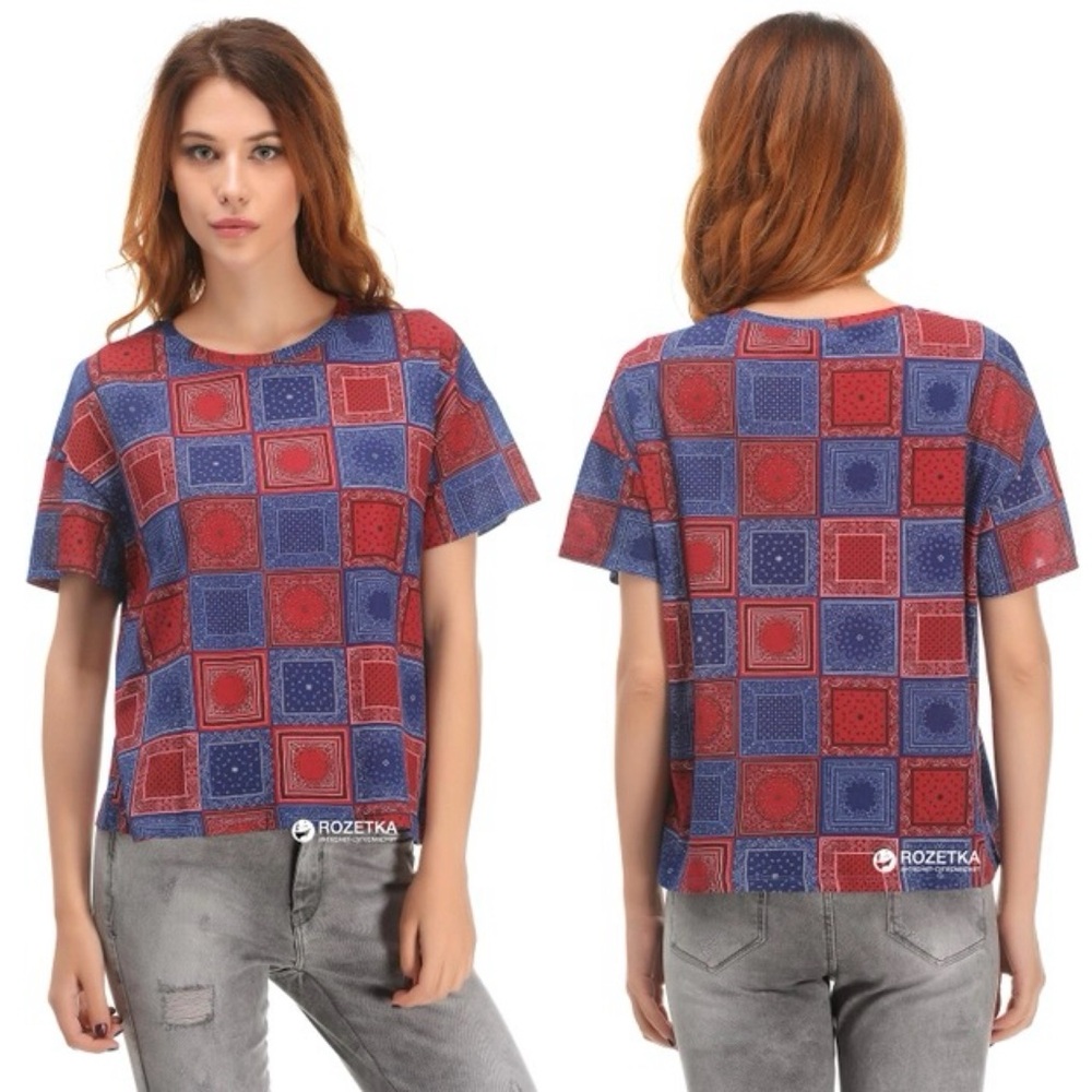 Zara Graphic Print Bandana Paisley T-Shirt Blue/Red Size S NEW